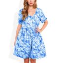 Blue Large V-Neck Short Sleeve Floral Print Babydoll Dress with Button-Front