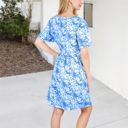 Blue Large V-Neck Short Sleeve Floral Print Babydoll Dress with Button-Front