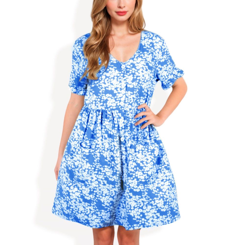 V-Neck Short Sleeve Floral Print Babydoll Dress with Button-Front