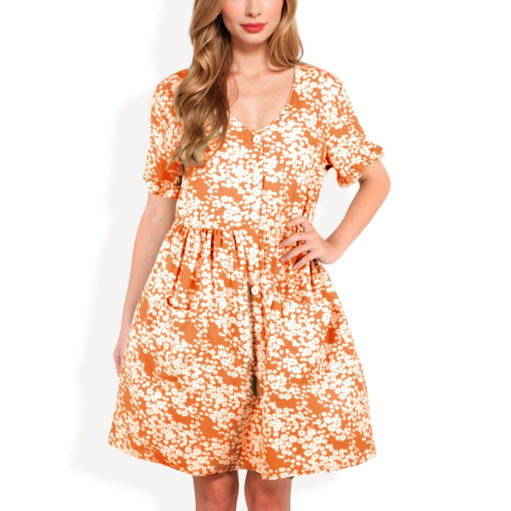 V-Neck Short Sleeve Floral Print Babydoll Dress with Button-Front