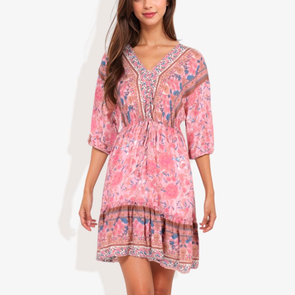 Paisley Bohemian Print Dolman Midi Sleeve Gathered Detail Mini Ruffle Dress