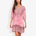  Paisley Bohemian Print Dolman Midi Sleeve Gathered Detail Mini Ruffle Dress