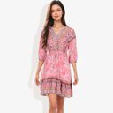  Paisley Bohemian Print Dolman Midi Sleeve Gathered Detail Mini Ruffle Dress