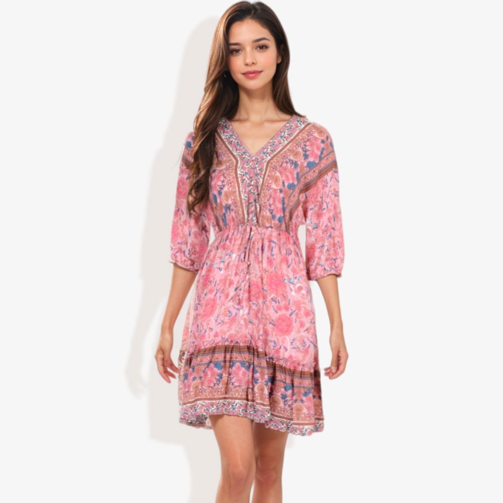 Paisley Bohemian Print Dolman Midi Sleeve Gathered Detail Mini Ruffle Dress