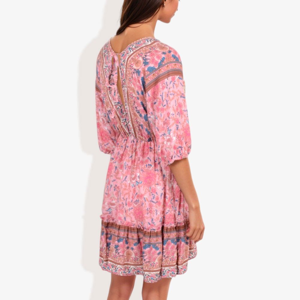 Paisley Bohemian Print Dolman Midi Sleeve Gathered Detail Mini Ruffle Dress