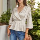 Beige Large Satin Wrap Peplum Top with Leopard Jacquard and Flared Sleeves