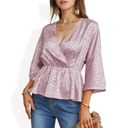 Pink Medium Satin Wrap Peplum Top with Leopard Jacquard and Flared Sleeves