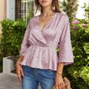 Pink Medium Satin Wrap Peplum Top with Leopard Jacquard and Flared Sleeves