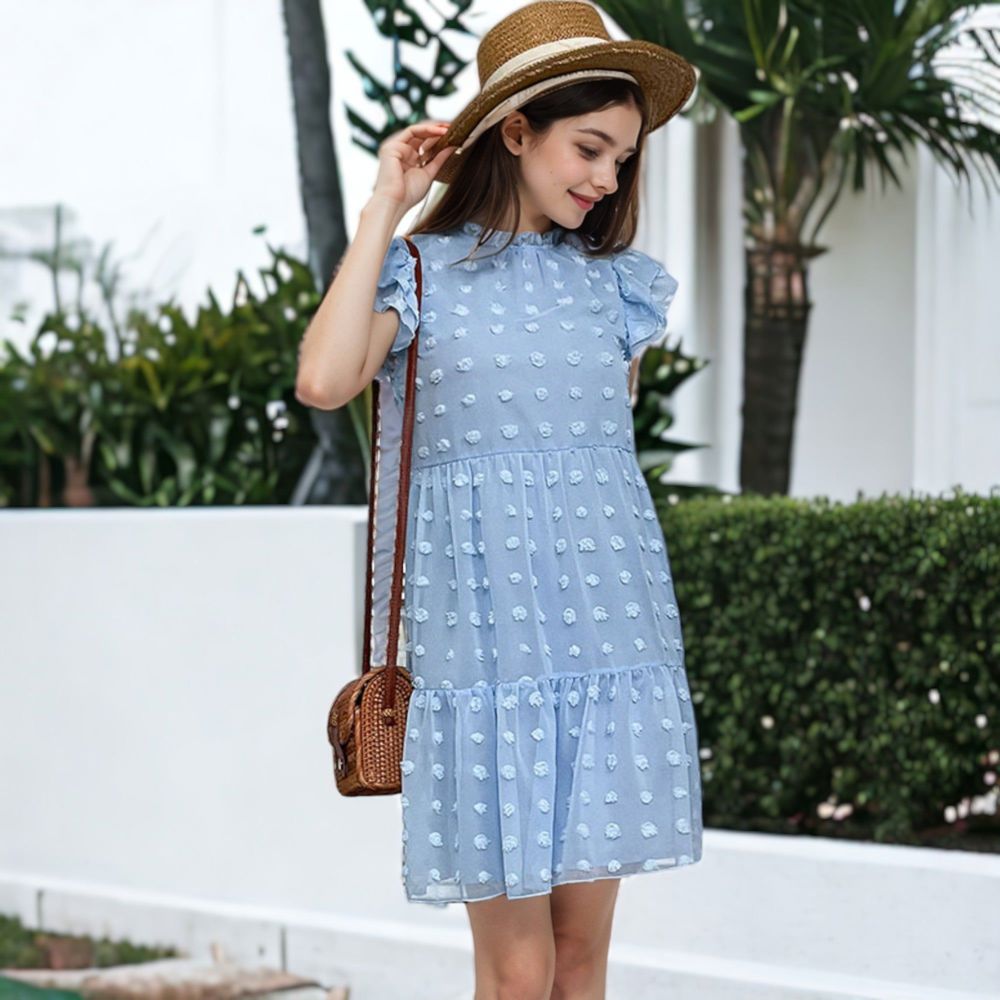 Summer Casual Swiss Dot High Neck Short Sleeve Ruffle Loose Dress