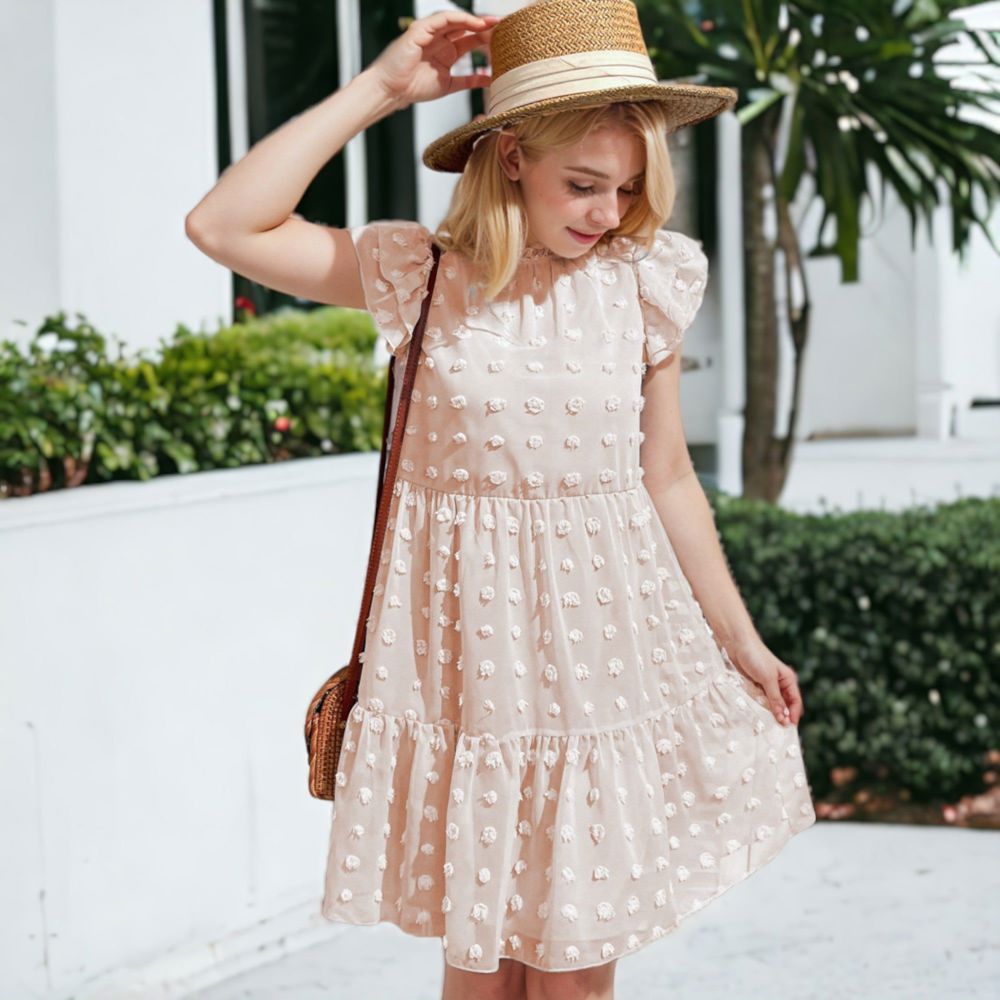 Summer Casual Swiss Dot High Neck Short Sleeve Ruffle Loose Dress