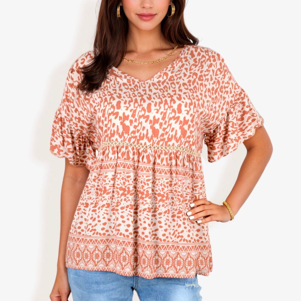 V-Neck Ruffle Sleeve Leopard Print Peplum Top With Tiered Hem