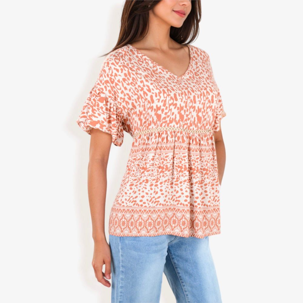 V-Neck Ruffle Sleeve Leopard Print Peplum Top With Tiered Hem