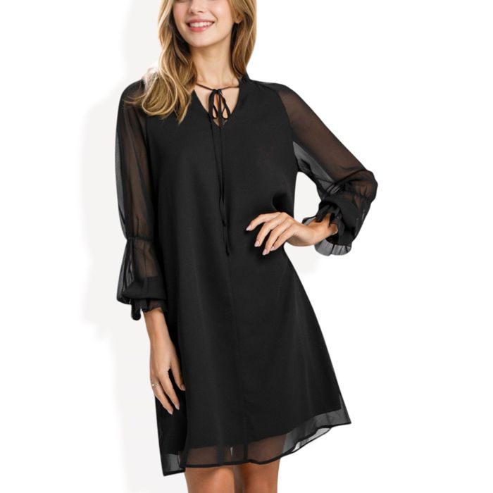 A-Line Chiffon Dress with Sheer Sleeves and Tie Neck Detail