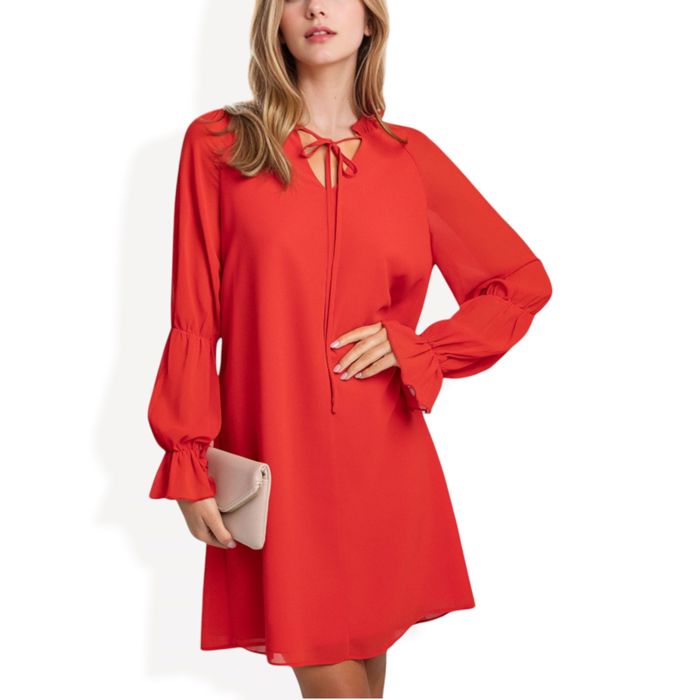 A-Line Chiffon Dress with Sheer Sleeves and Tie Neck Detail