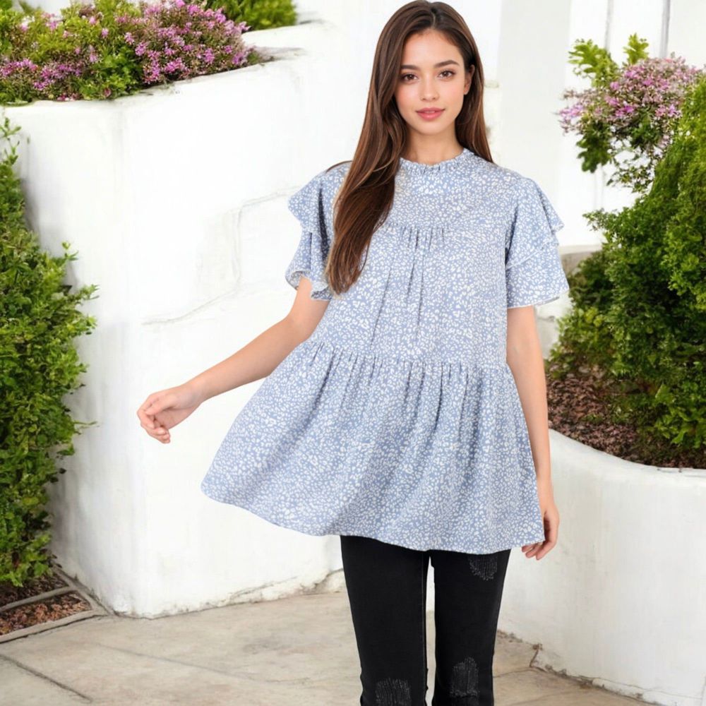 Short Sleeve Babydoll Blouse with Ruffled Hemline and Loose Fit for Effortless Casual Style