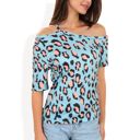 Blue Large Off Shoulder Leopard Print Top with Strappy Detail and Relaxed Fit for a Bold Casual Look