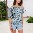 Blue Large Off Shoulder Leopard Print Top with Strappy Detail and Relaxed Fit for a Bold Casual Look