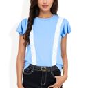 Blue Large Short Sleeve Top with Lace Trim Detail and Puff Sleeves