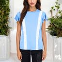 Blue Large Short Sleeve Top with Lace Trim Detail and Puff Sleeves