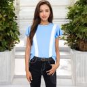 Blue Large Short Sleeve Top with Lace Trim Detail and Puff Sleeves