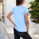 Blue Medium Short Sleeve Top with Lace Trim Detail and Puff Sleeves