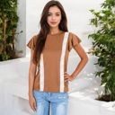 Brown Large Short Sleeve Top with Lace Trim Detail and Puff Sleeves