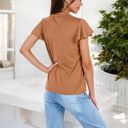 Brown Large Short Sleeve Top with Lace Trim Detail and Puff Sleeves