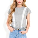 Gray Large Short Sleeve Top with Lace Trim Detail and Puff Sleeves