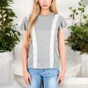 Gray Large Short Sleeve Top with Lace Trim Detail and Puff Sleeves