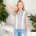 Gray Large Short Sleeve Top with Lace Trim Detail and Puff Sleeves