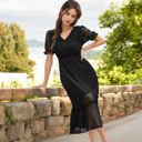 Black Medium Summer Swiss Dot Short Sleeve Dress High Waist V Neck Floral Print Flowy Maxi Dress