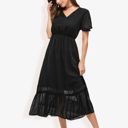 Black Small Summer Swiss Dot Short Sleeve Dress High Waist V Neck Floral Print Flowy Maxi Dress