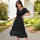 Black Small Summer Swiss Dot Short Sleeve Dress High Waist V Neck Floral Print Flowy Maxi Dress