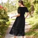 Black Small Summer Swiss Dot Short Sleeve Dress High Waist V Neck Floral Print Flowy Maxi Dress