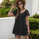 Black Large Short Sleeve Button-Front Tiered Mini Dress with Flared Hem