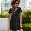 Black Large Short Sleeve Button-Front Tiered Mini Dress with Flared Hem