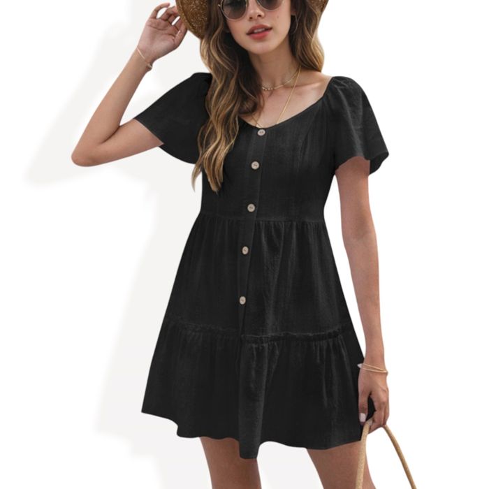 Short Sleeve Button-Front Tiered Mini Dress with Flared Hem