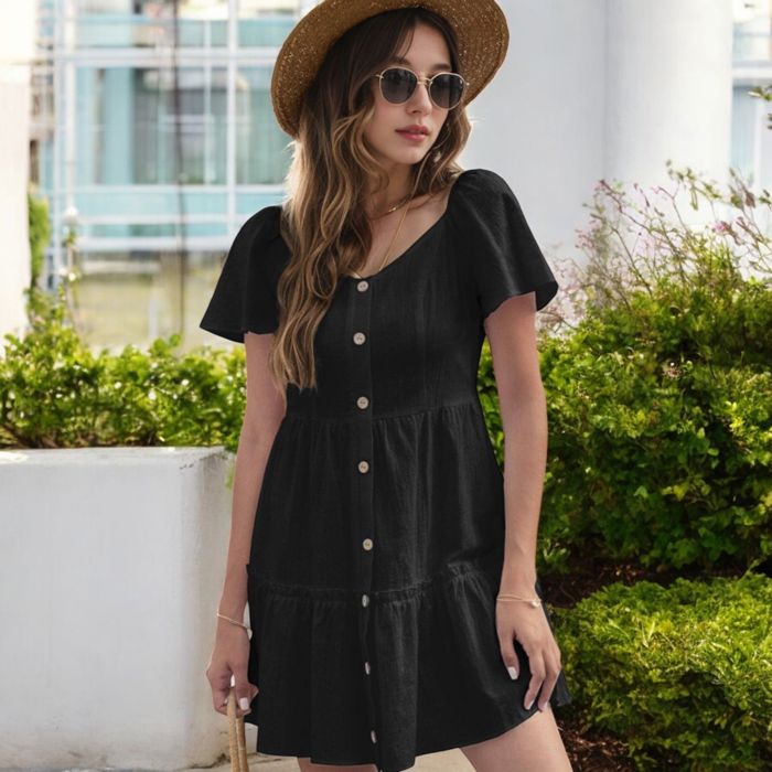 Short Sleeve Button-Front Tiered Mini Dress with Flared Hem