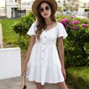 White Large Short Sleeve Button-Front Tiered Mini Dress with Flared Hem