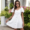 White Large Short Sleeve Button-Front Tiered Mini Dress with Flared Hem