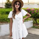 White Medium Short Sleeve Button-Front Tiered Mini Dress with Flared Hem