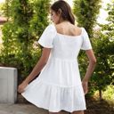 White Medium Short Sleeve Button-Front Tiered Mini Dress with Flared Hem