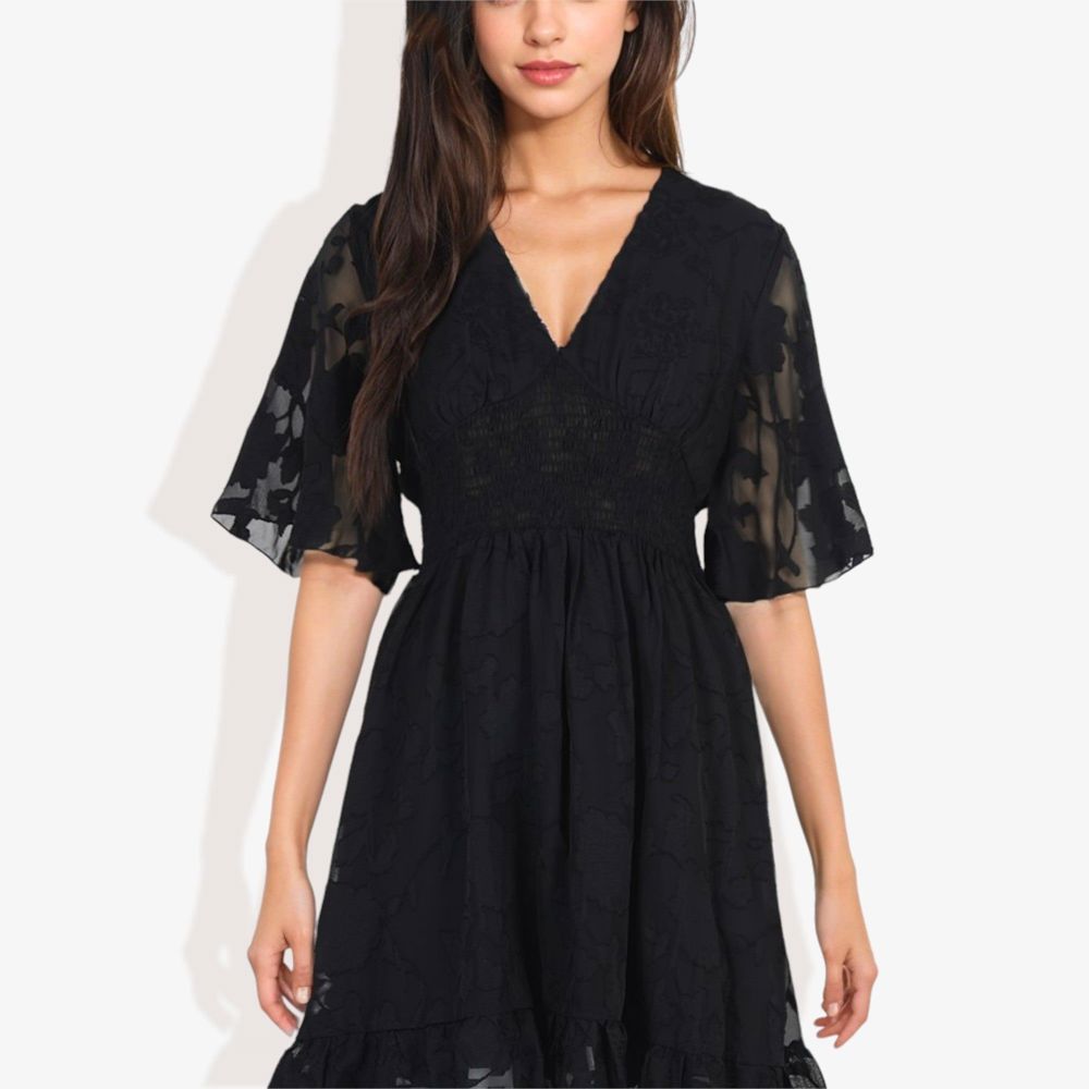 V-Neck Short Sleeve Lace Mini Dress