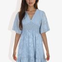 Blue Large V-Neck Short Sleeve Lace Mini Dress