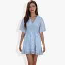 Blue Large V-Neck Short Sleeve Lace Mini Dress