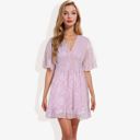 Pink Large V-Neck Short Sleeve Lace Mini Dress