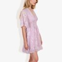 Pink Large V-Neck Short Sleeve Lace Mini Dress