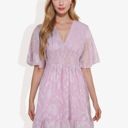 Pink Medium V-Neck Short Sleeve Lace Mini Dress