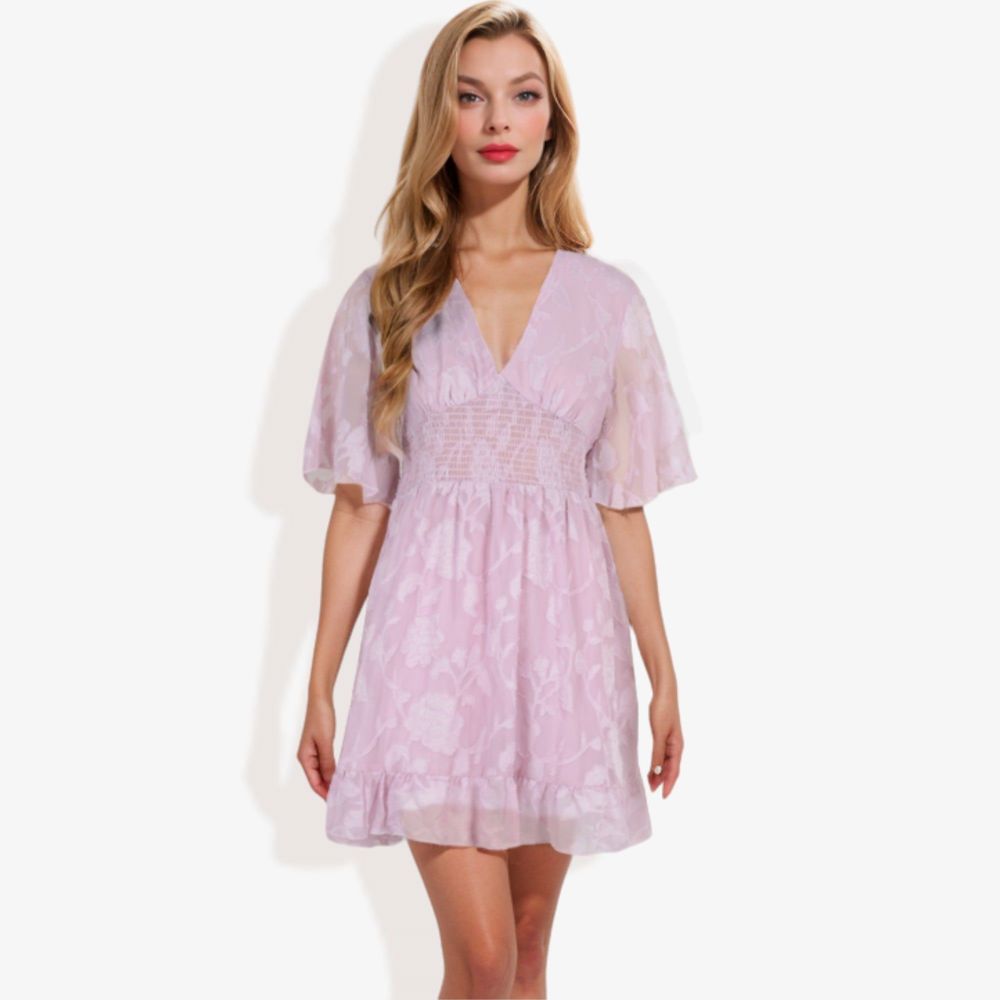 V-Neck Short Sleeve Lace Mini Dress