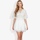 White Large V-Neck Short Sleeve Lace Mini Dress